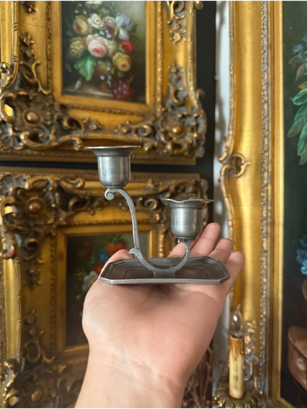 Vintage Pewter Double Candle Holder - Gray